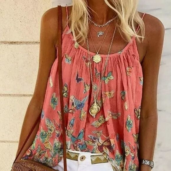 GOING OUT BOHO STYLE BUTTERFLY SLEEVELESS TOP SIZE XL CORAL COLOR - Picture 1 of 7